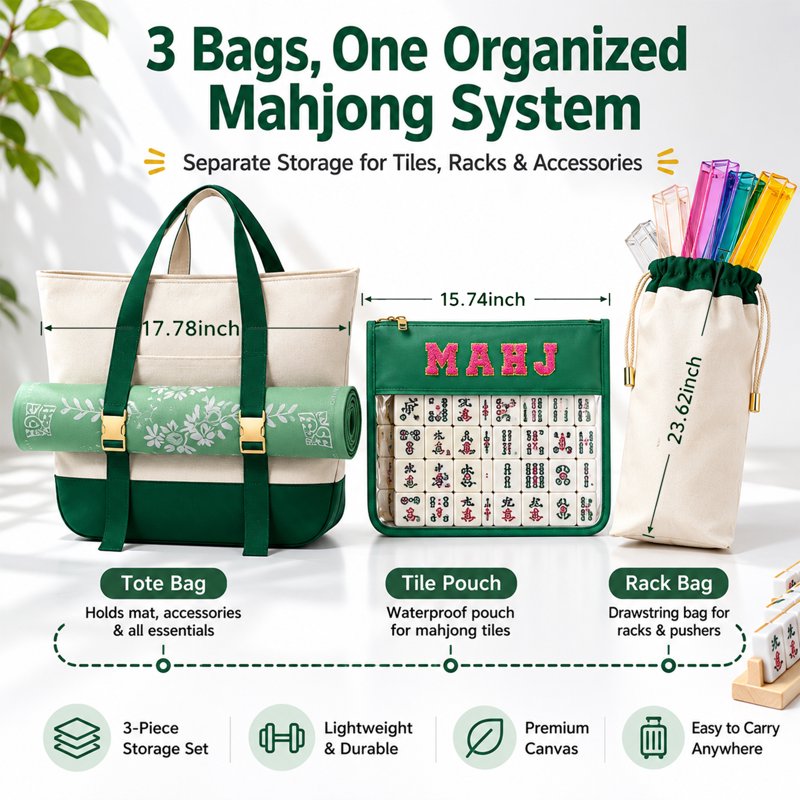Mahjong Storage Bag Set with Canvas Tote, Tile Pouch & Rack - Travel Organizer