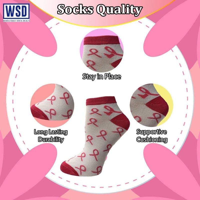 Women's Breast Cancer Awareness Socks 12 Pairs Assorted Pink Ribbon Ankle & Crew Socks