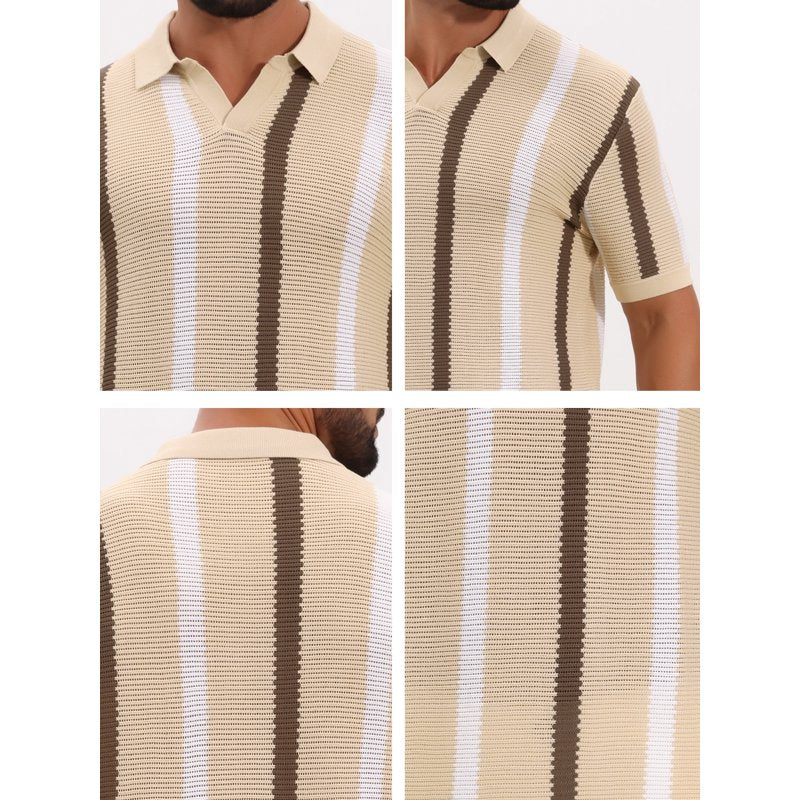 Khaki Daring Diva Men's Hollow Knit V‑Neck Short Sleeve Polo XL