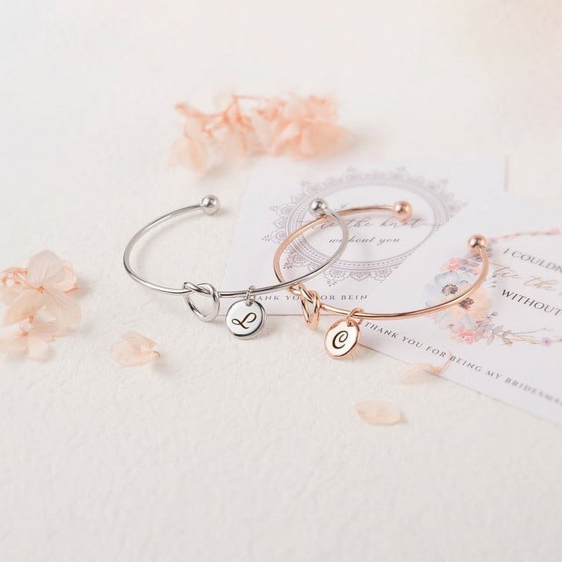 Personalized Bridesmaid Gift Bracelet with Engraved Charm - Custom Wedding Jewelry