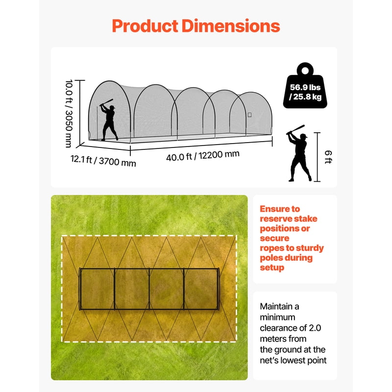 Portable Baseball Batting Cage 40ft x 12ft Freestanding Net for Indoor Outdoor Training