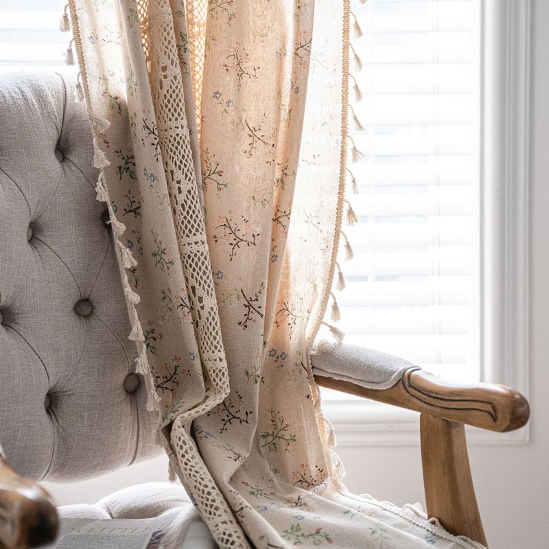 Boho Linen Curtains Set with Embroidery and Tassels - Semi-Transparent Window Drapes