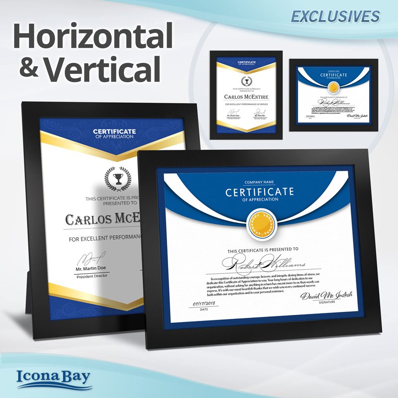 8.5x11 Black Diploma Frame Set - Modern Wall & Tabletop Certificate Frames