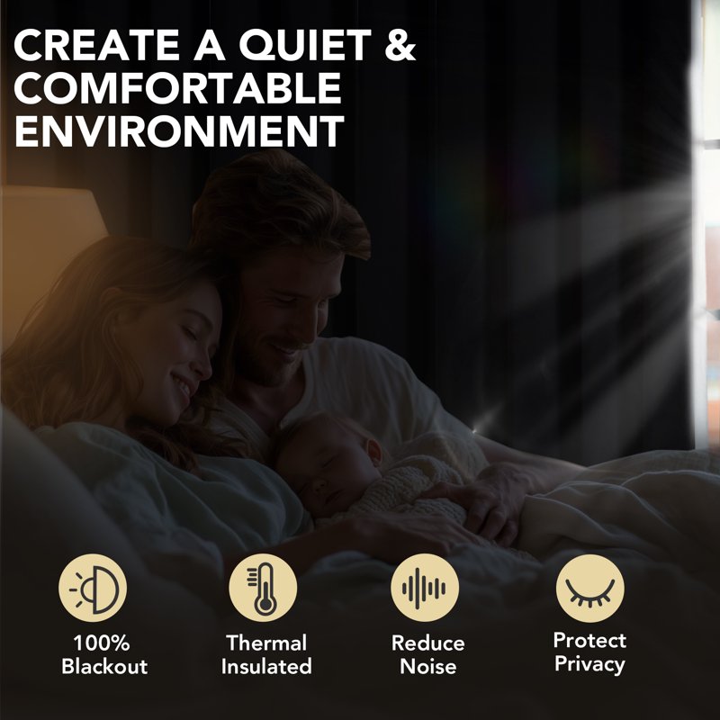 Thermal Blackout Room Darkening Curtains - Noise Reducing, Modern Drape, 2 Panels