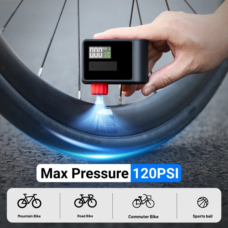 Portable Electric Bike Pump 120 PSI with Digital Gauge & USB-C Rechargeable