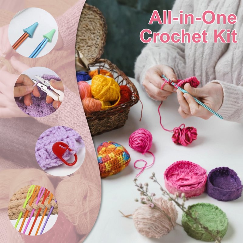 Crochet Kit for Beginners Adults - 76 Pcs Yarn Hooks Accessories Tote