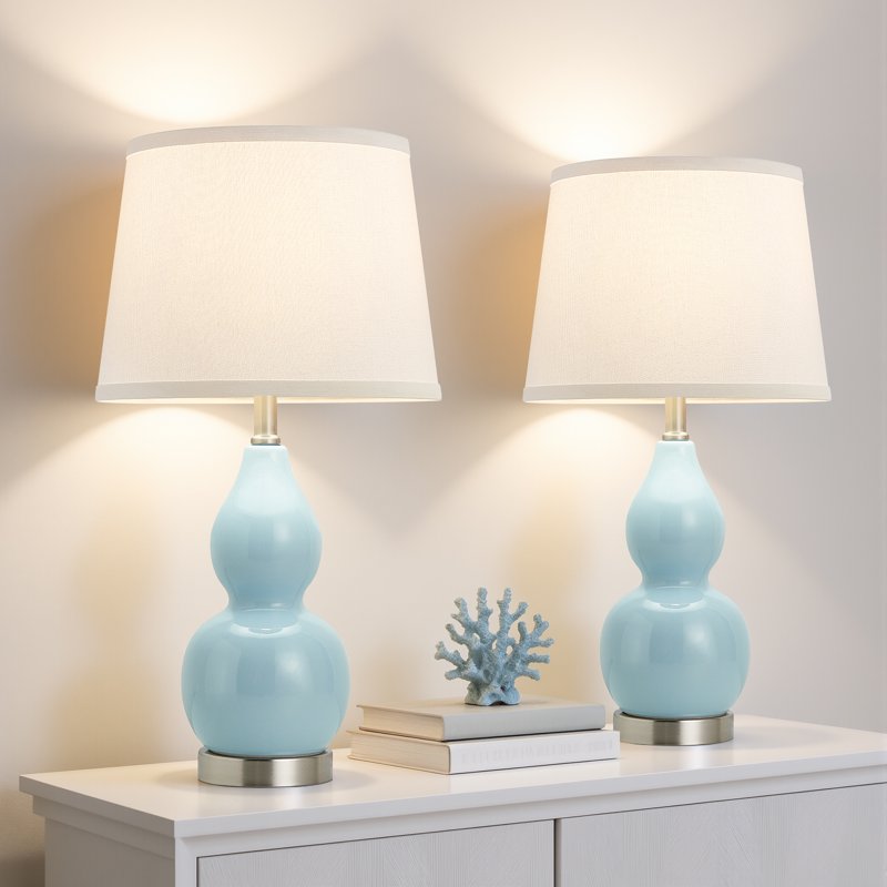 Set of 2 Modern Ceramic Table Lamps for Living Room Bedroom Office Sky Blue
