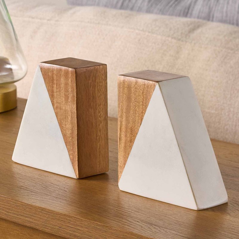 Wood and Marble Bookends Set - Elegant Home Decor for Bookshelf