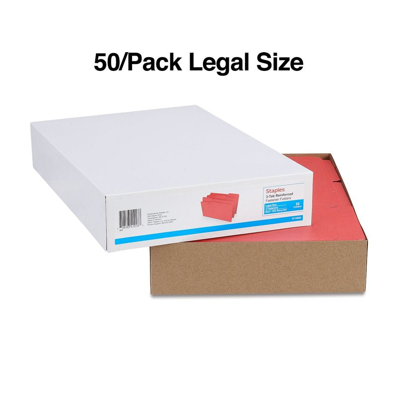 Legal Size Reinforced Tab Fastener Folders - Red, 50 Pack