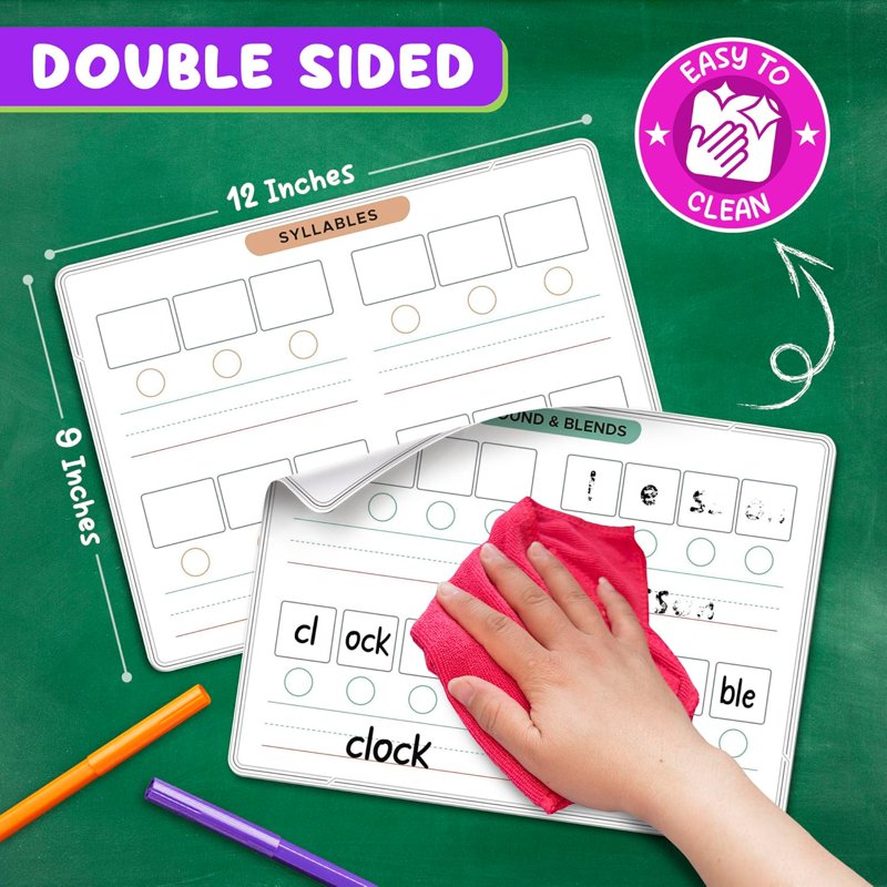 Double-Sided Phonics Dry Erase Sheets for Kids 9x12 Inch, Pack of 10