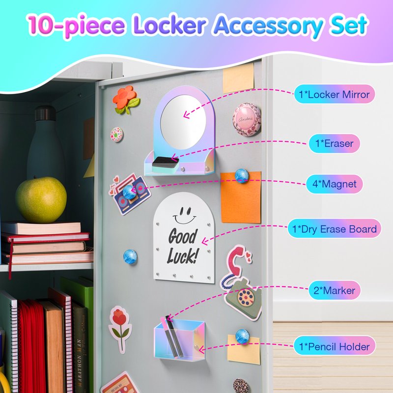 Magnetic Locker Accessories Set with Mirror, Dry Erase Board, Pen Holder & Magnets