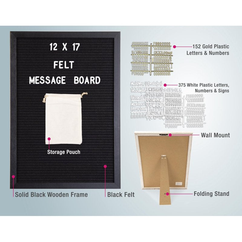 Wood Framed Felt Letter Board 12x17 Inch Changeable Message Board with Stand and Wall Mount
