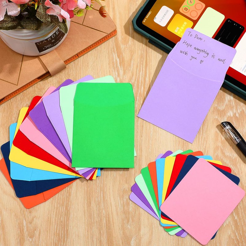 Colorful Library Card Envelopes Pack with Adhesive Dots for School & Office Use