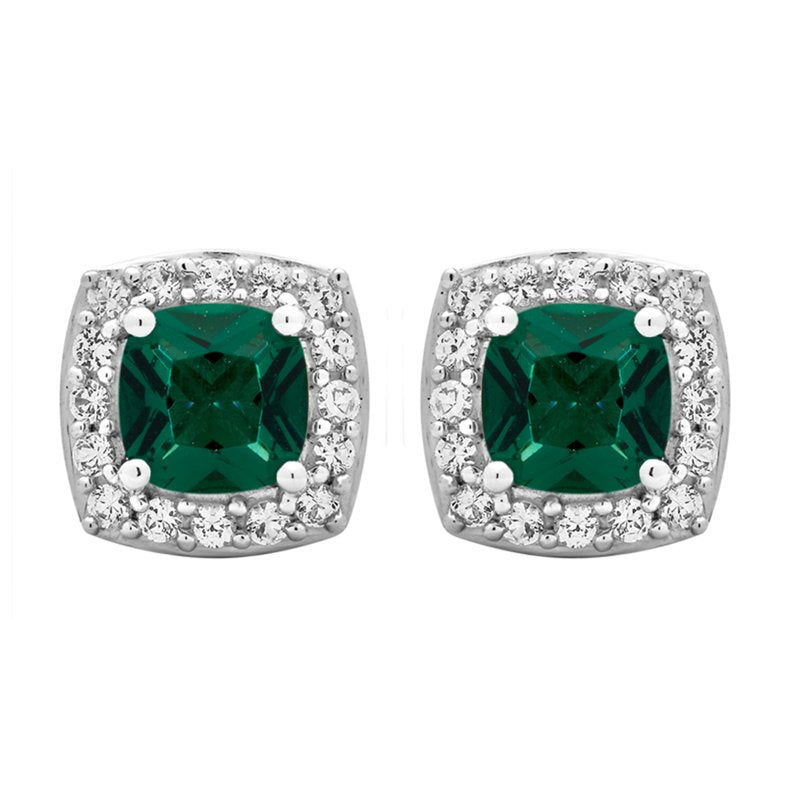 Silver Halo Stud Earrings with Emerald & White Sapphire | Gift Jewelry