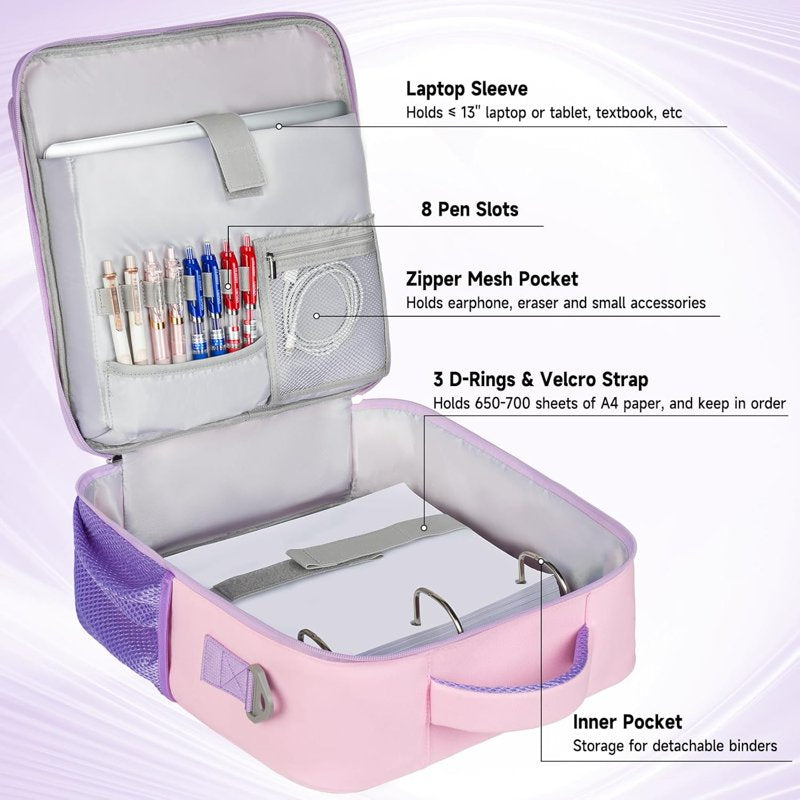 3-Inch Zipper Binder Bag with 700 Sheets Capacity, Detachable Straps, Portable Document Organizer - Pink & Purple