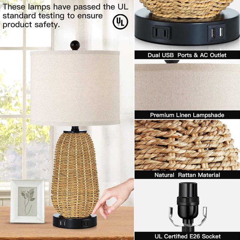 Set of 2 Touch Control Farmhouse Rattan & Linen Table Lamps with USB & Outlet
