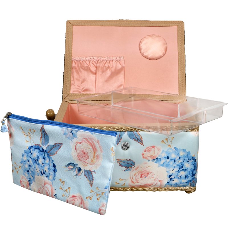 Large Sewing Basket with Hydrangeas Floral Print and Zipper Pouch - Travel Storage Organizer
