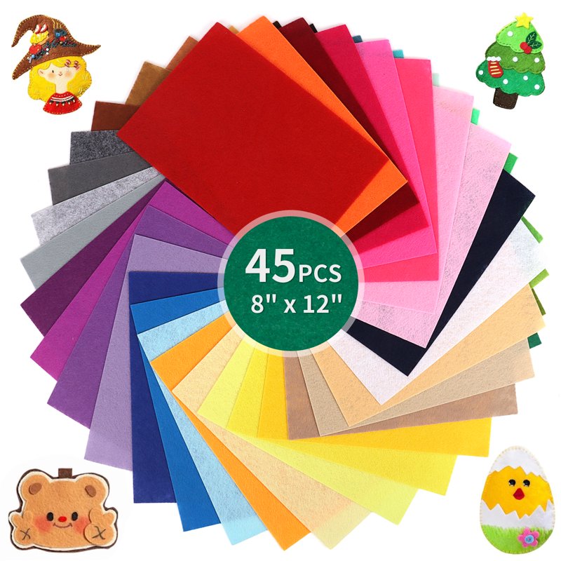 Assorted Felt Sheets for Crafts - 45 Pieces, 8x12 Inches, 1mm Thick DIY Fabric