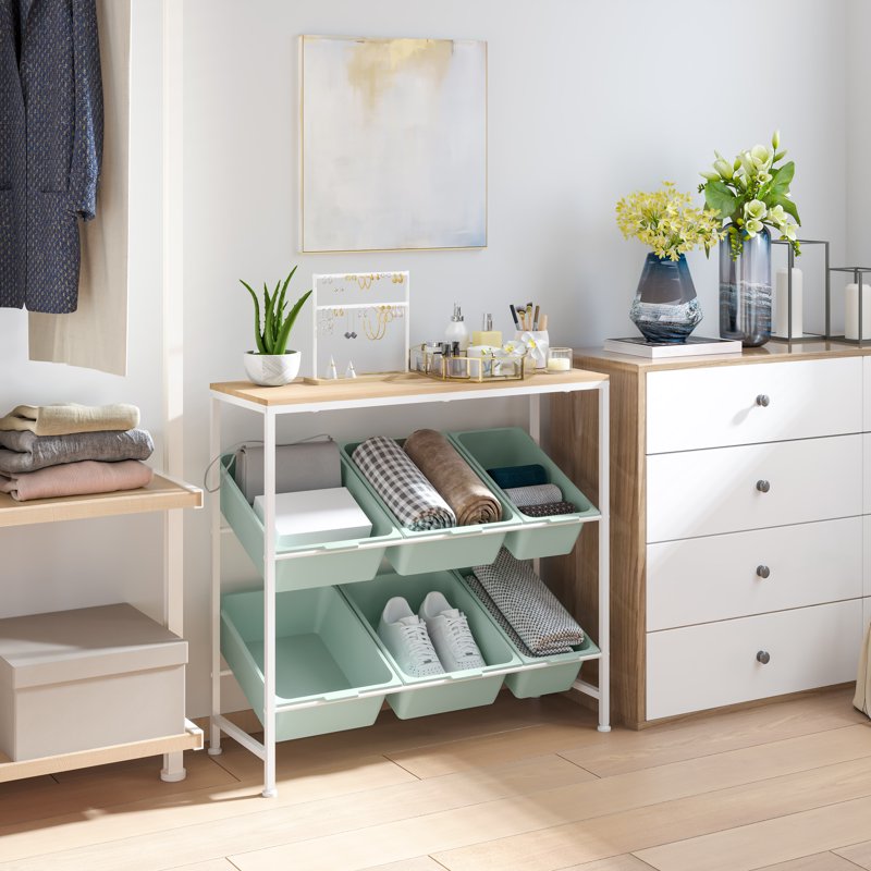 6-Bin Utility Storage Cart with Removable Bins and Top Shelf, White & Green