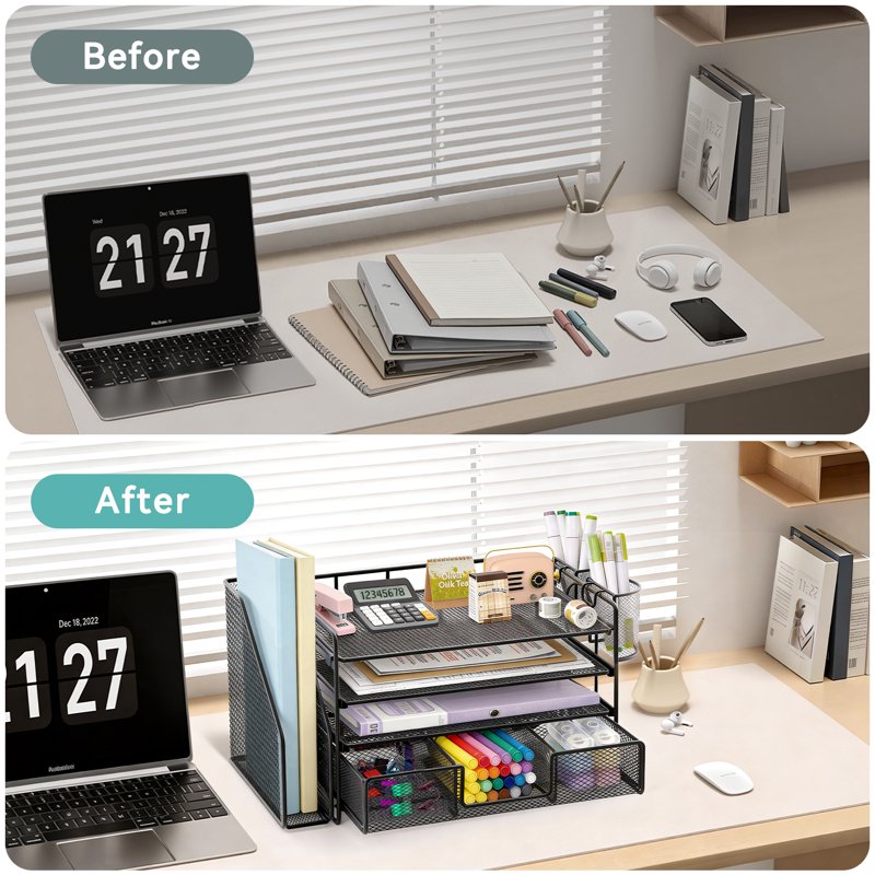 4-Tier Desktop File Organizer with Drawer and Pen Holders - Office Desk Accessories