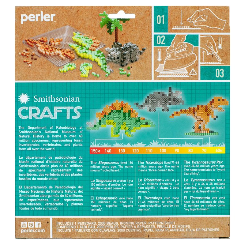 Dinosaurs Fused Bead Craft Kit for Kids - 3D Tyrannosaurus, Stegosaurus, Triceratops, 2000+ Beads