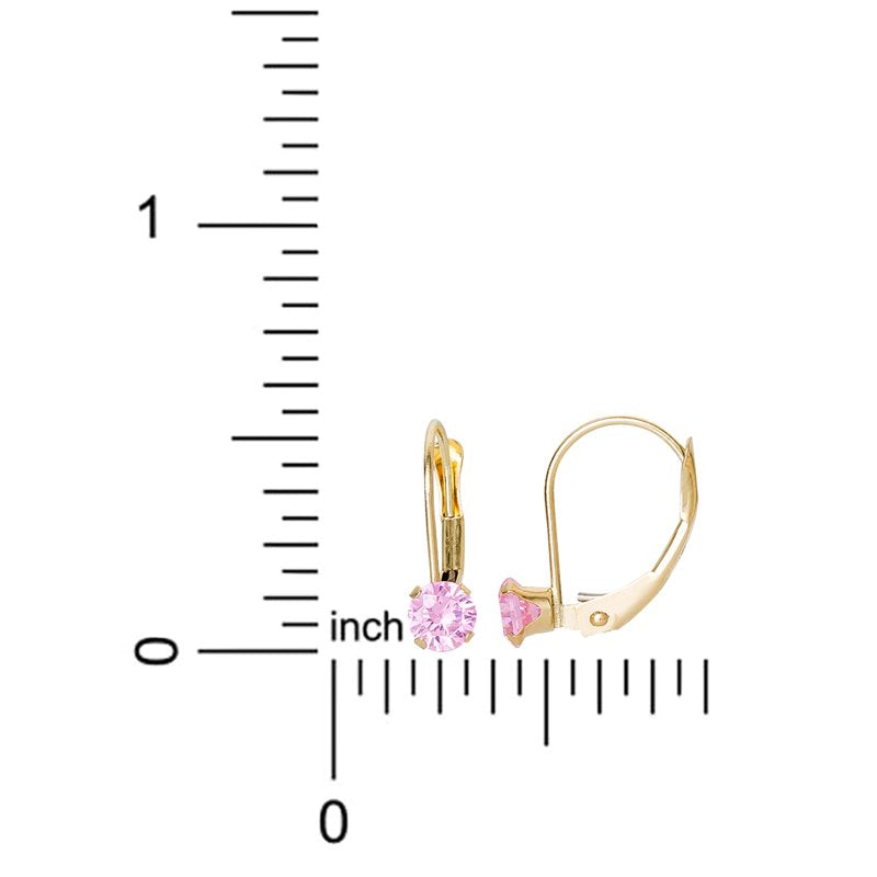 Girls Tween 14K Yellow Gold Pink CZ Lever Back Earrings - Kids Jewelry