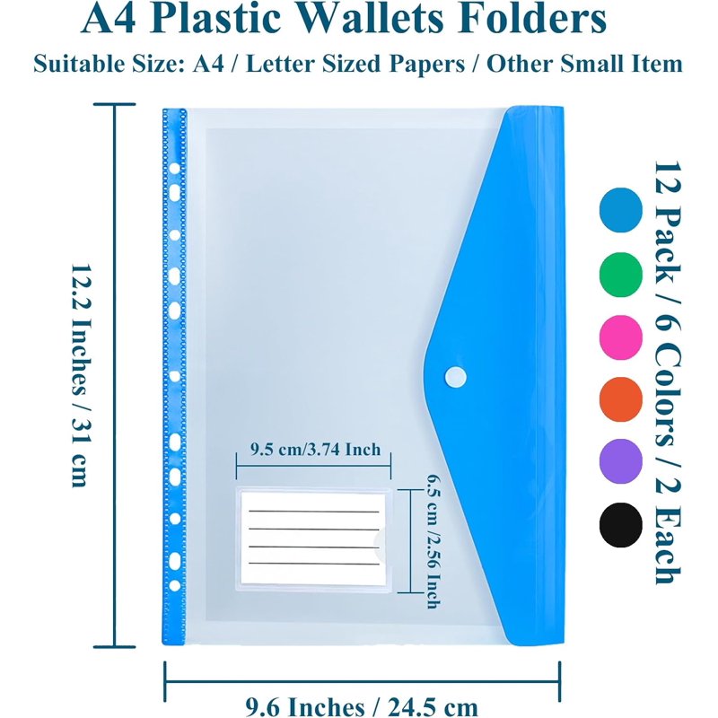 12 Pack Plastic Binder Pockets with Snap Button & Label - Color-Coded Office & School Organizer