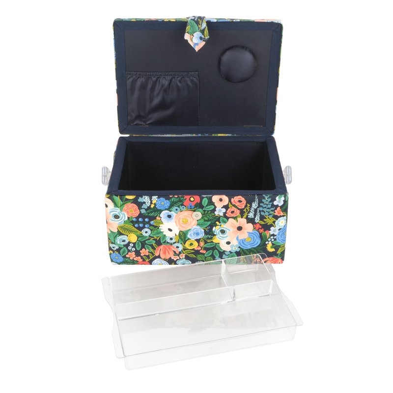 Blue Floral Sewing Basket with Pincushion and Removable Tray - 11.5 Inch
