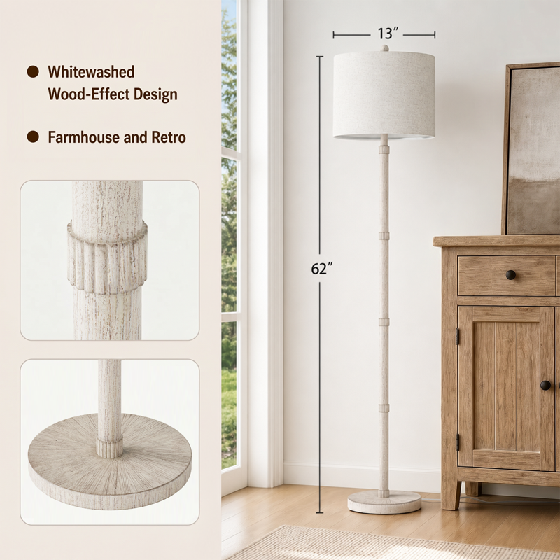 Farmhouse Floor Lamp for Living Room & Bedroom - Tall Off-White Wood Grain Standing Lamp