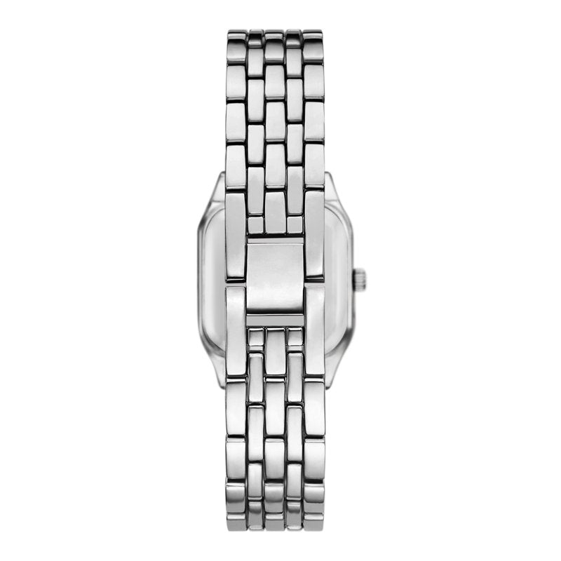 Women's Silver Tone Square Case Wristwatch with Blue Dial and 5-Link Bracelet