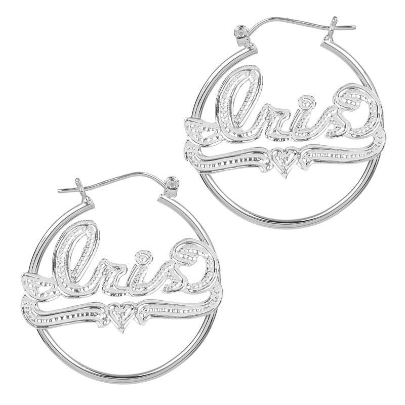 Sterling Silver Personalized Hoop Earrings with Beading & Rhodium Finish