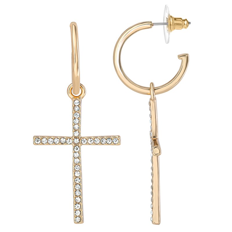 Women's Drop Hoop Earrings with Rhinestone Cross Pendant - Gold Tone
