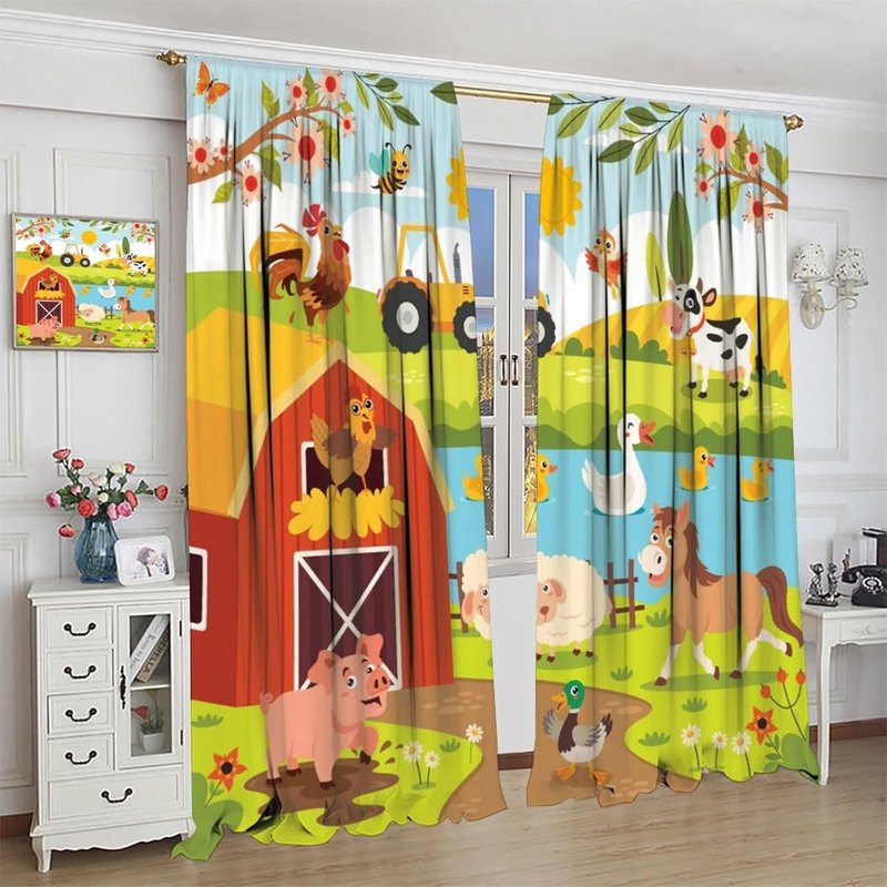 Farmhouse Cartoon Animal Pattern Insulated Curtains for Children’s Bedroom — 2 Panel Set