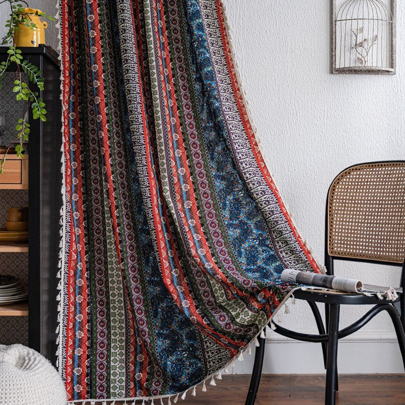 Boho Semi-Blackout Curtain Set with Beige Tassels - Cotton Linen, Multiple Sizes