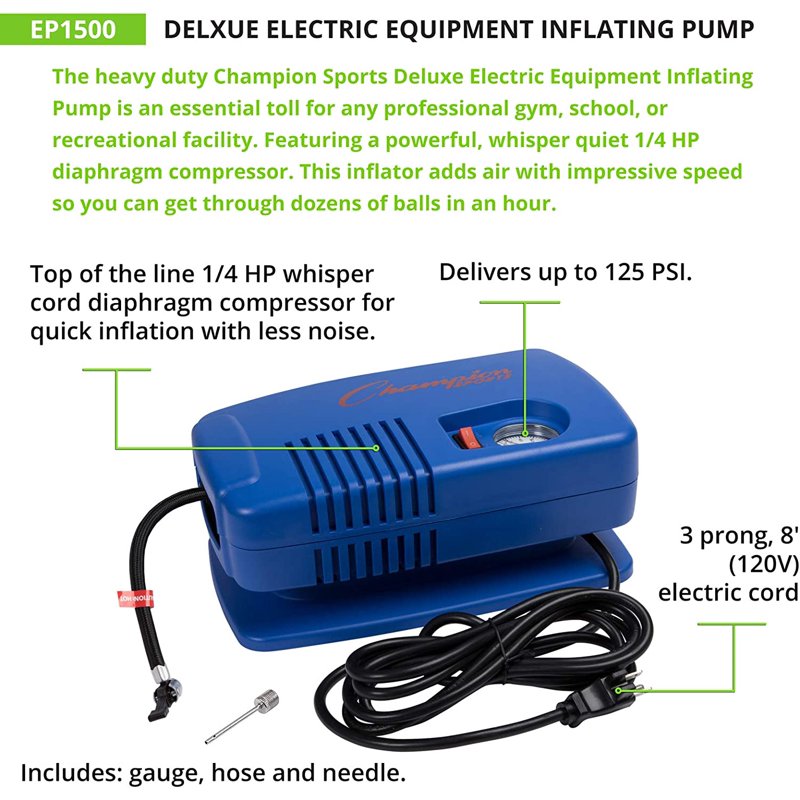 Champion Sports EP1500 Electric Ball Pump - 125 PSI, Quiet, w/ Needle, Gauge & Hose