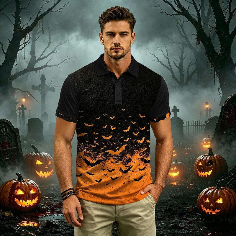 Men's Halloween Bat Print Polo Shirt Short Sleeve Casual Collared Top
