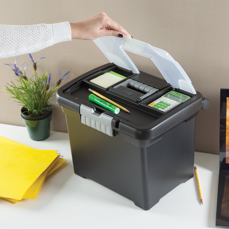 Portable File Box with Handle & Divided Lid for Letter-Sized Documents - Black