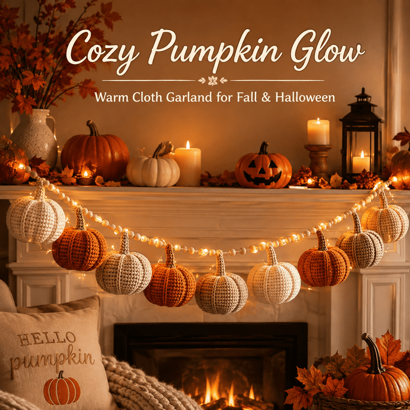 Fall Pumpkin Garland Lights 5.9 Ft Crochet String Decor for Mantel Wall Halloween Thanksgiving