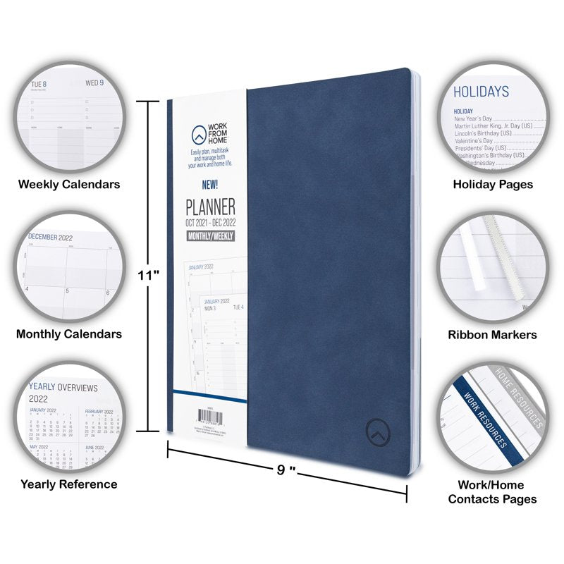 Work From Home Weekly and Monthly Planner - 15-Month Calendar, Blue Faux-Suede, 9x11 inches