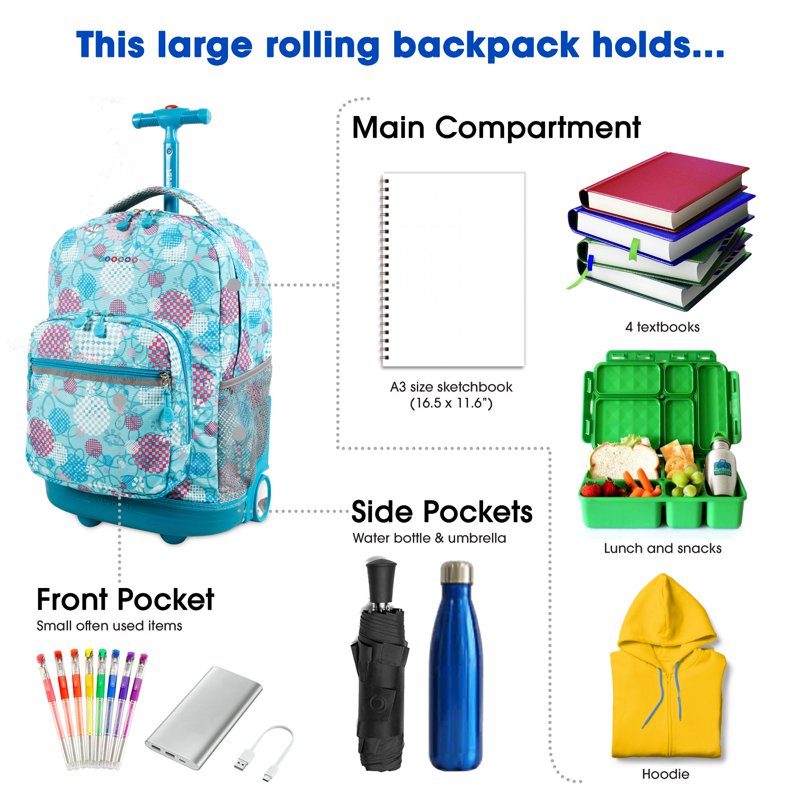 Girls 18-Inch Rolling Backpack for School & Travel - Durable & Spacious