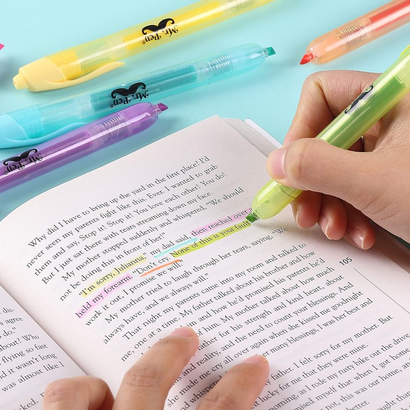 Pastel Highlighters Set - Retractable, No Smear Chisel Tip Markers, 6 Pack