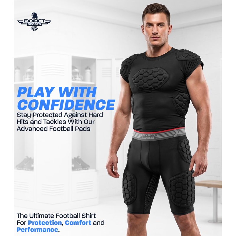 Adult Padded Football Shirt with Chest, Shoulder, Ribs & Spine Protection - Compression, Breathable & Flexible