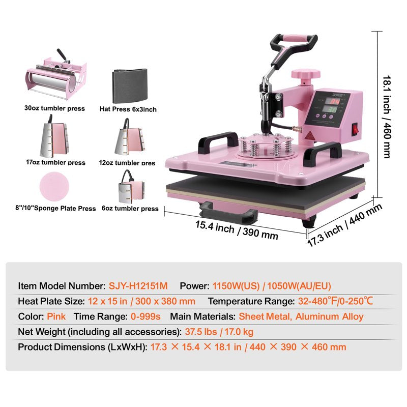 12x15 Inch Heat Press Machine with 8-in-1 Transfer Tool for T-Shirts Mugs Hats Plates