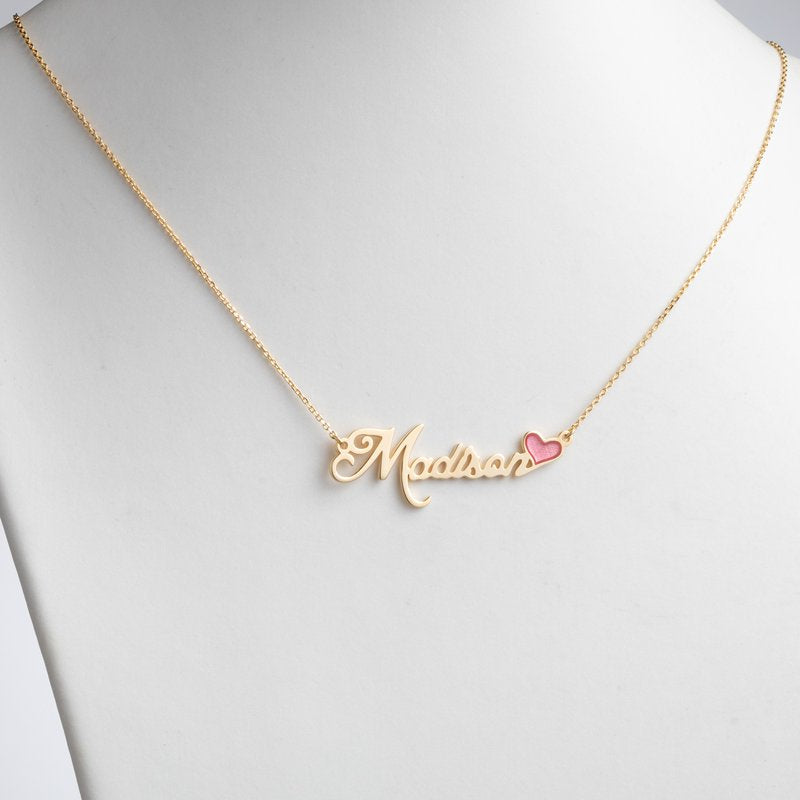 Personalized Name Necklace with Pink Enamel Heart - Sterling Silver or Gold Over Sterling