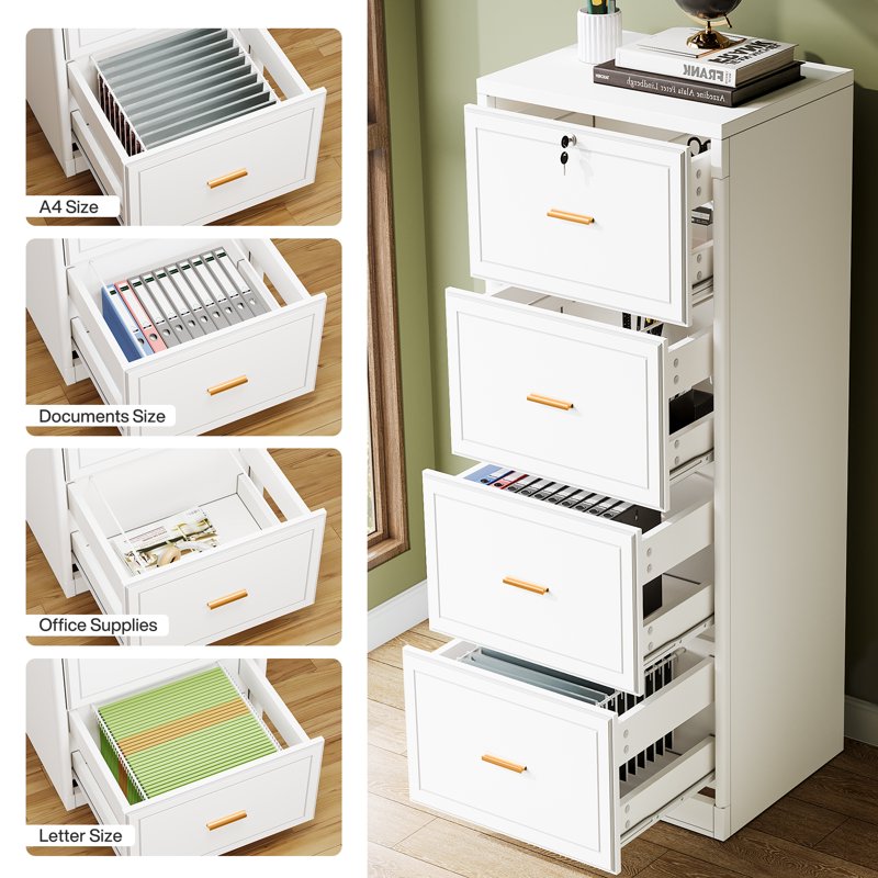 Four-Drawer Vertical File Cabinet with Lock - Office Document Organizer, Heavy Duty, White