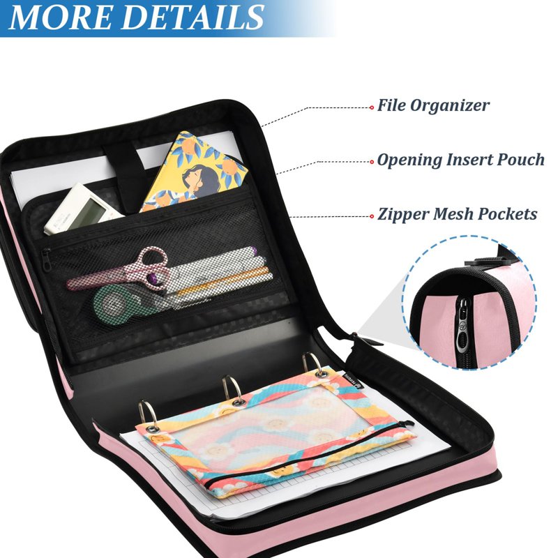 Pink Zipper Binder Folder Organizer Bag with 3-Ring File & Multiple Pockets