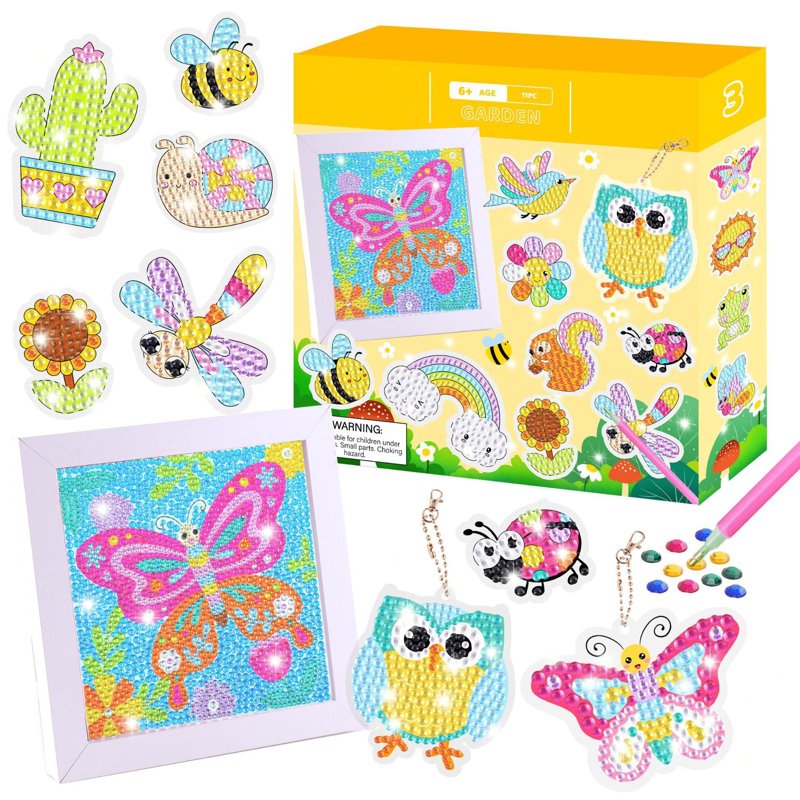 Kids Diamond Art Craft Kit with Wooden Frame - Animal Stickers & Keychains