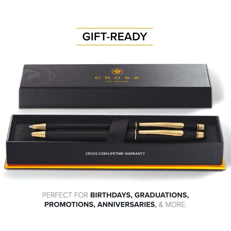Refillable Ballpoint Pen & 0.7mm Pencil Set with Gold Accents - Classic Black