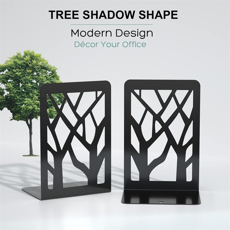 Heavy Duty Metal Book Ends Tree Design Set - Black, Modern Shelf Organizer