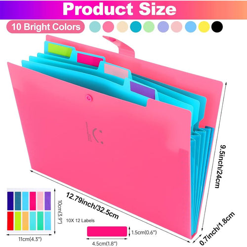 10 Pack A4 Document Organizer Folders with Labels, Colorful Accordion File